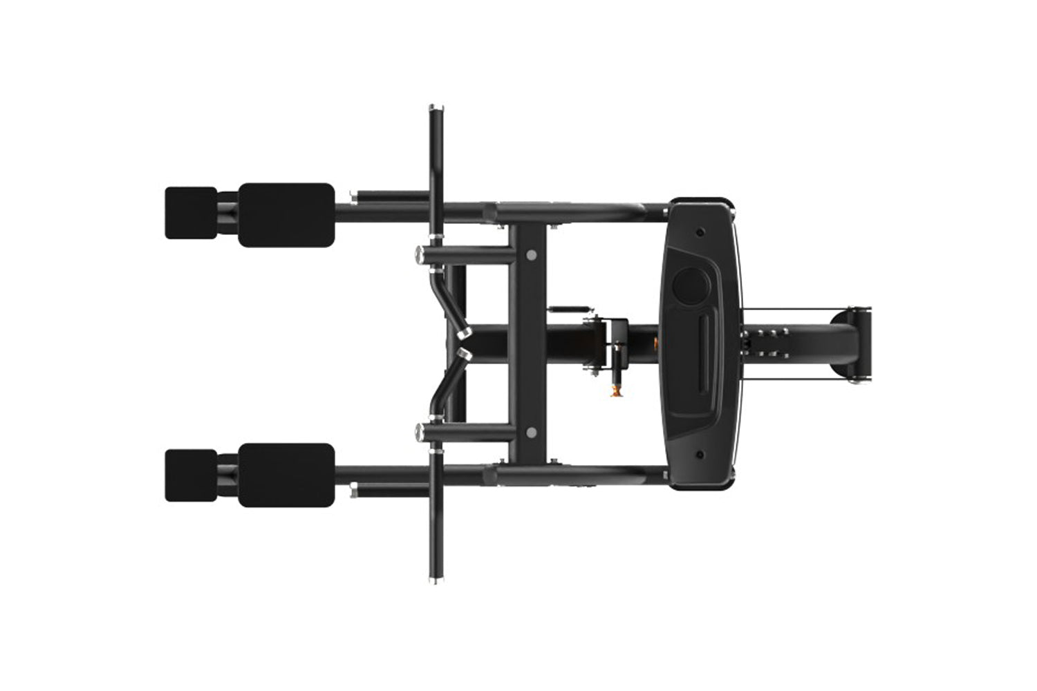 Black assisted chin dip machine with dual weight stacks, horizontal bar, and footpad support on white background