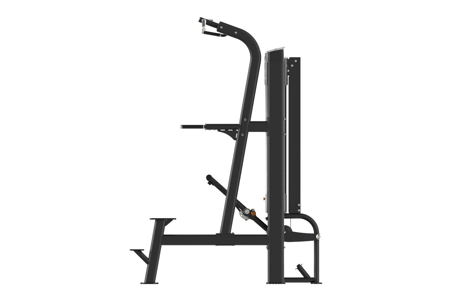 Black commercial assisted chin and dip machine with padded seat and footrest on white background