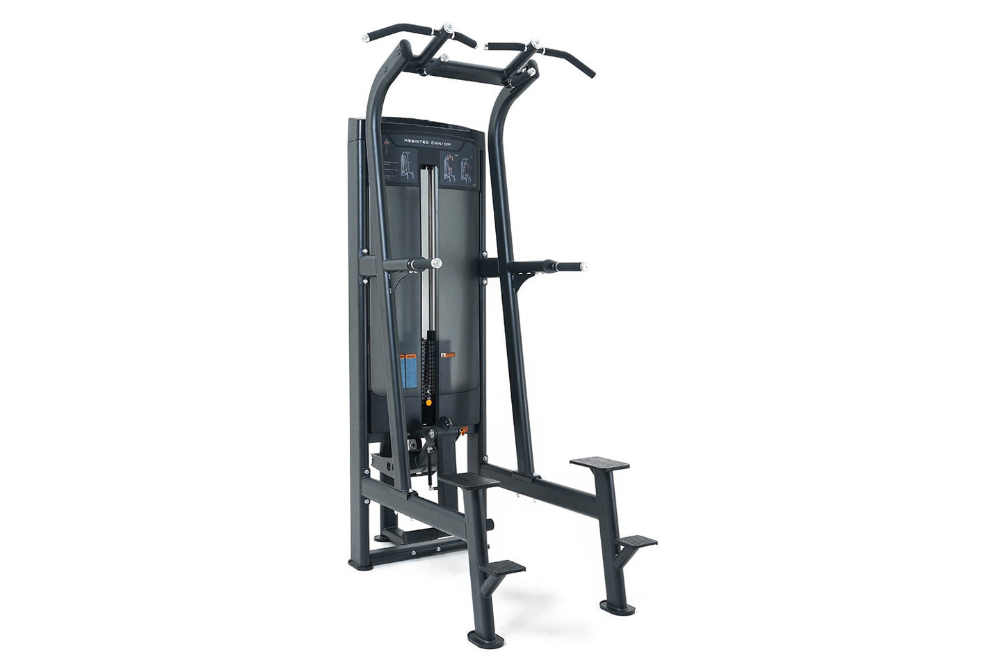 Black commercial assisted chin-dip machine with dual handles, digital display panel, and foot platform on white background