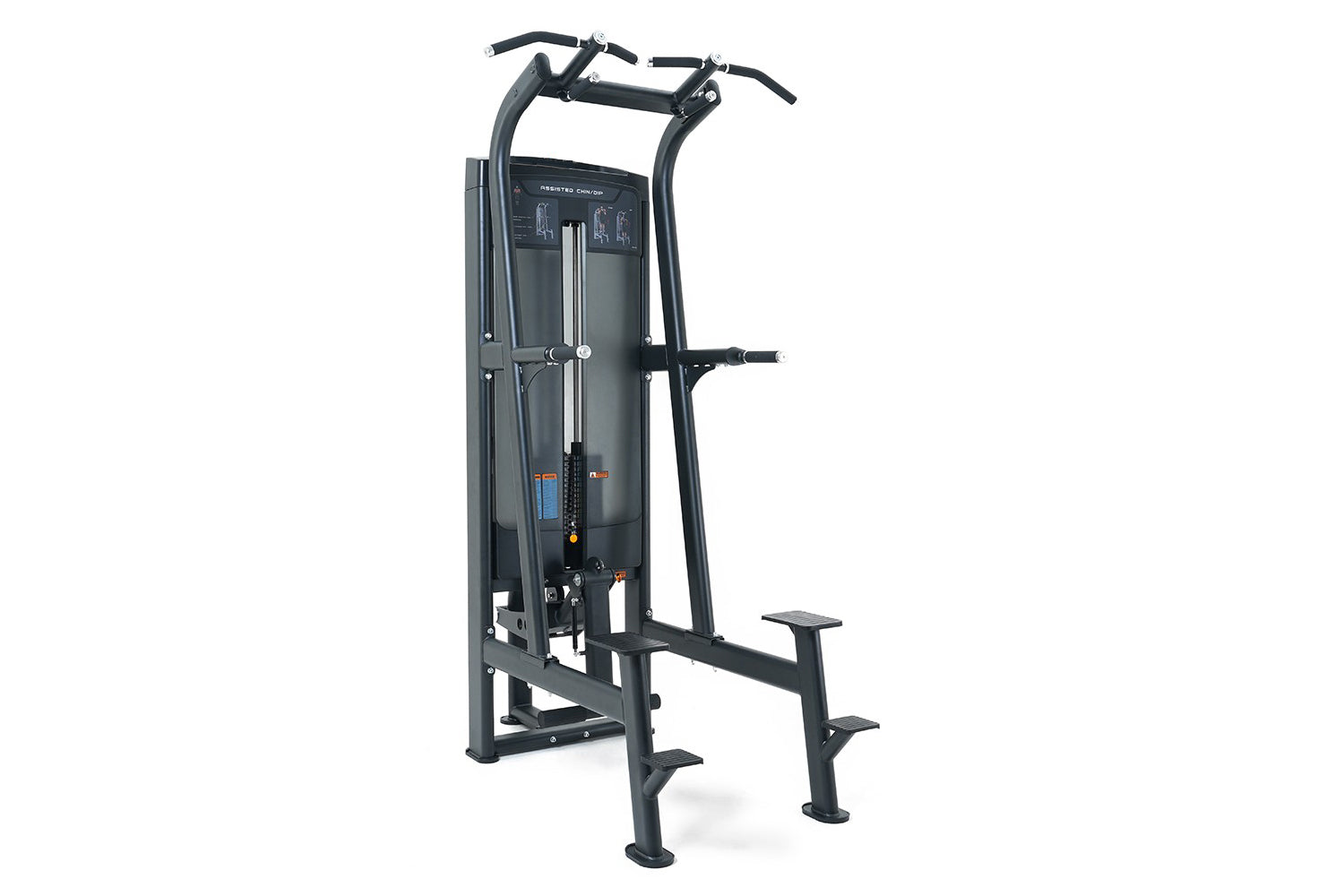 Black commercial assisted chin-dip machine with dual handles, digital display panel, and foot platform on white background