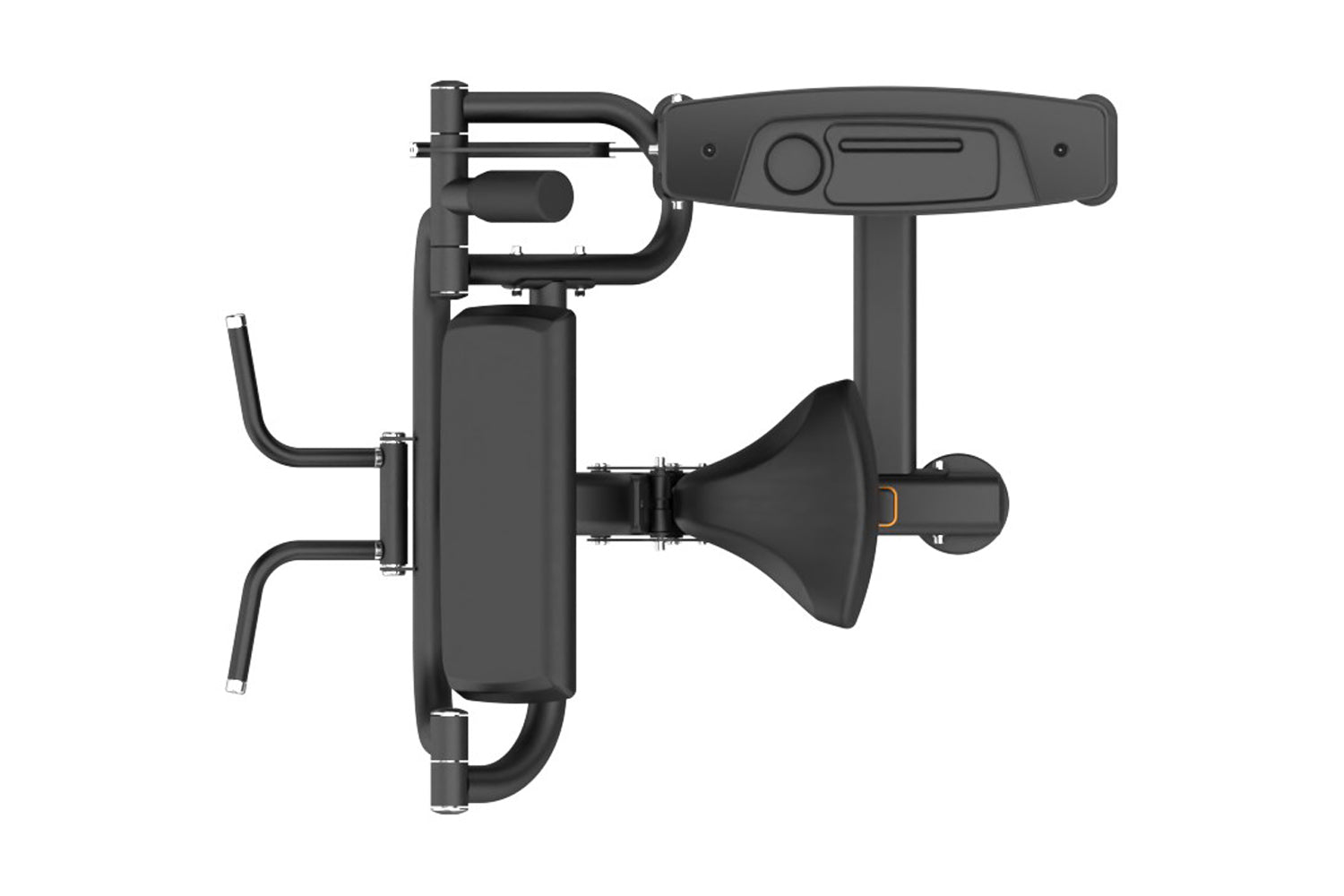 Black commercial biceps curl machine with padded seat, curved arm handles, and adjustable weight stack on white background