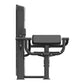 Black commercial biceps curl machine with padded seat and arm rests, vertical weight stack on left side, isolated on white ba