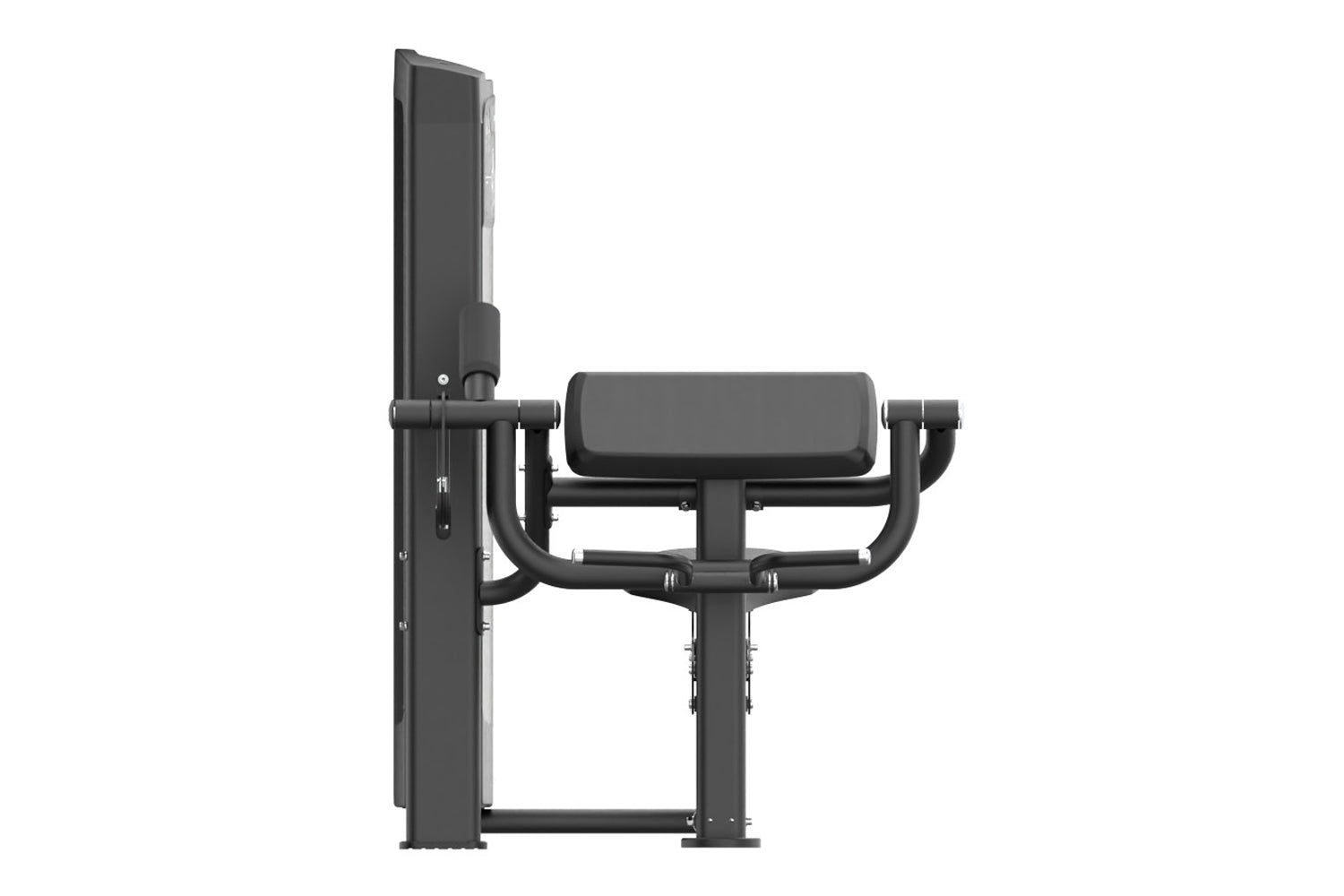 Black commercial biceps curl machine with padded seat and arm rests, vertical weight stack on left side, isolated on white ba
