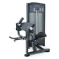 Black and gray commercial biceps curl machine with dual handles, padded seat, and instruction panel on white background