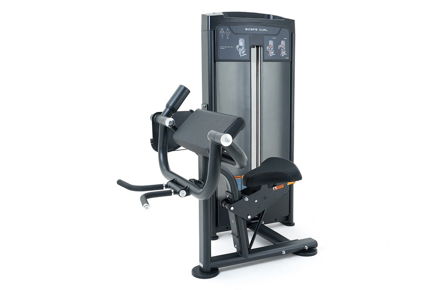 Black and gray commercial biceps curl machine with dual handles, padded seat, and instruction panel on white background