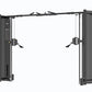 Black commercial dual cable crossover machine with adjustable pulleys and weight stacks on white background