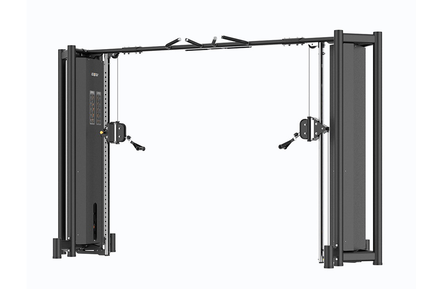 Black commercial dual cable crossover machine with adjustable pulleys and weight stacks on white background