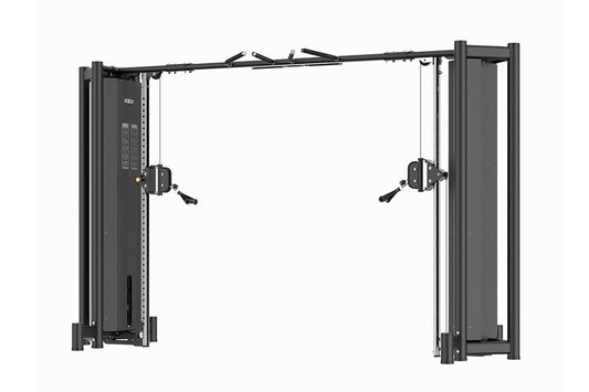 Black commercial dual cable crossover machine with adjustable pulleys and weight stacks on white background