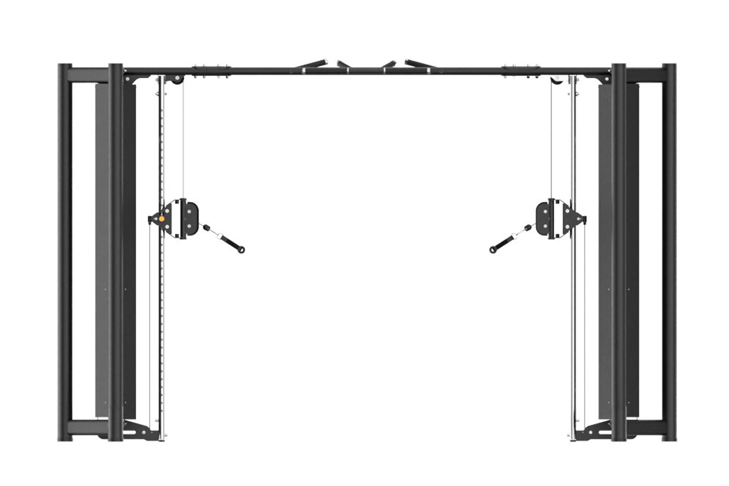 Black steel dual cable crossover machine with adjustable pulleys and handles on white background