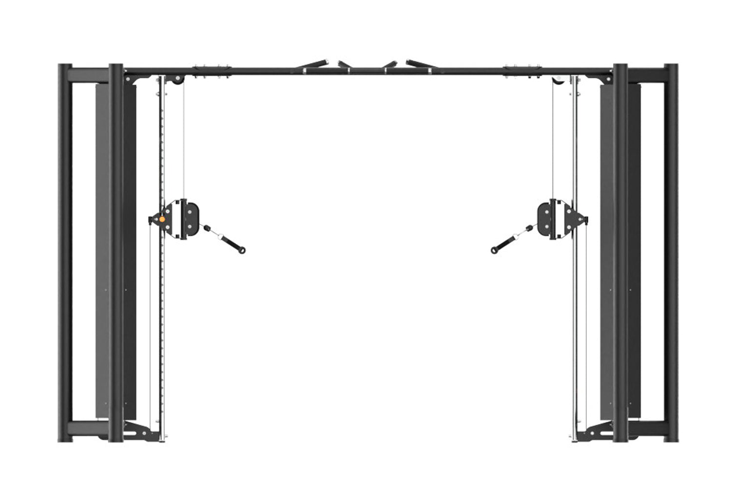 Black steel dual cable crossover machine with adjustable pulleys and handles on white background