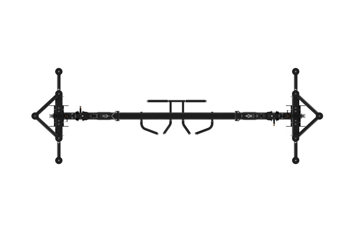 Black commercial cable crossover machine with dual adjustable arms and handle attachments, flat lay view