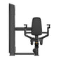Black commercial dip press machine with padded seat and dual handles, shown from side angle on white background