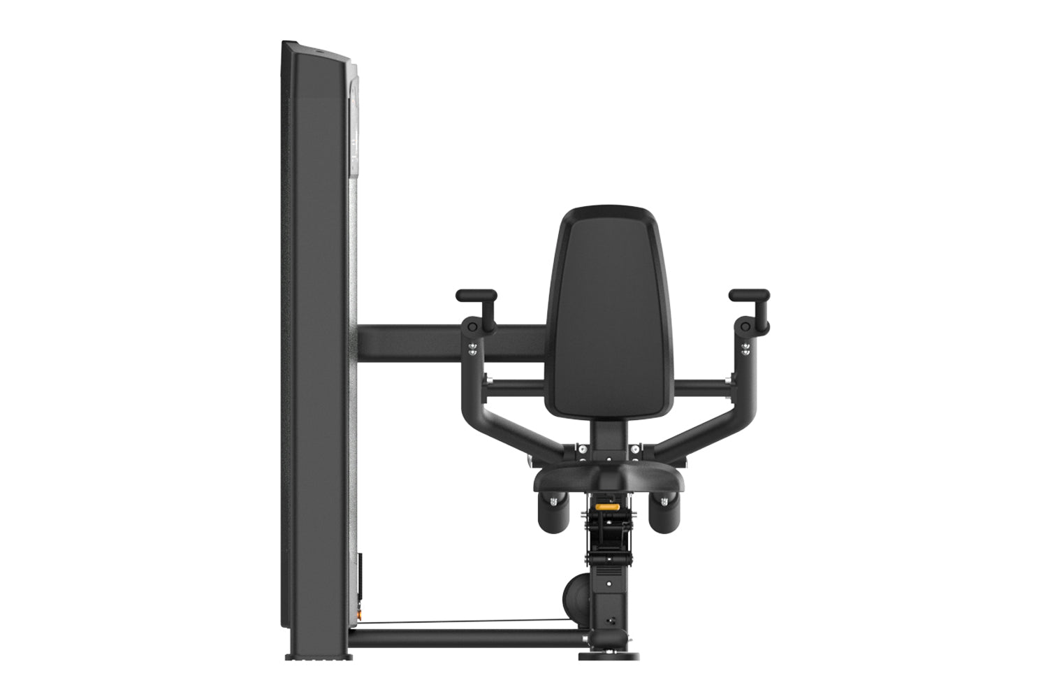 Black commercial dip press machine with padded seat and dual handles, shown from side angle on white background