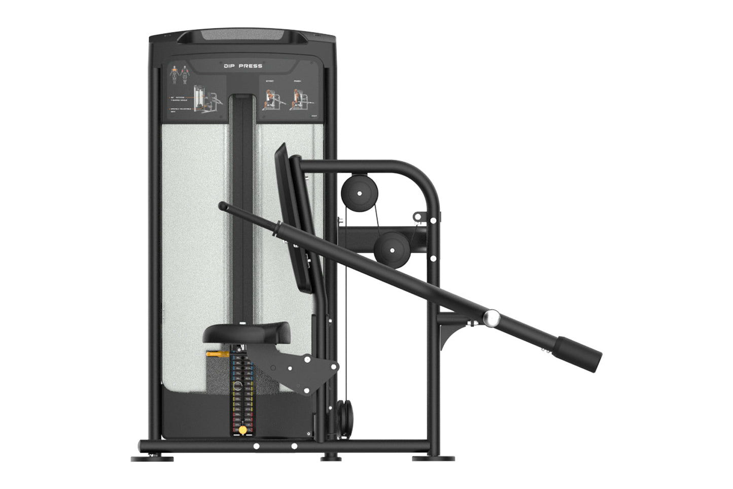 Black and white commercial dip press machine with instruction diagrams on upper panel, dual weight stacks, and adjustable arm