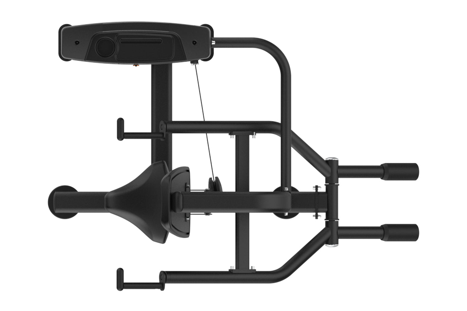 Black commercial dip press machine with padded handles, seat, and footrest on white background