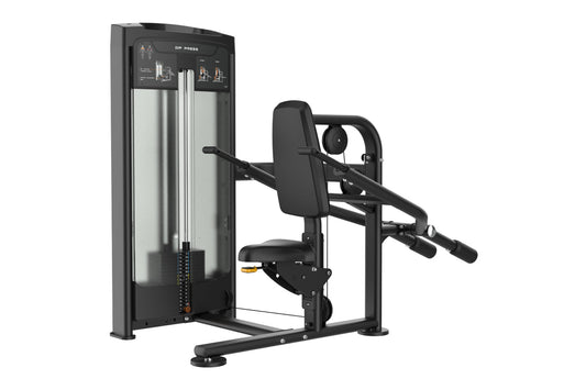 Warrior Elite Commercial Series Dip Press machine with black frame, padded seat, and digital control panel on white backgroun