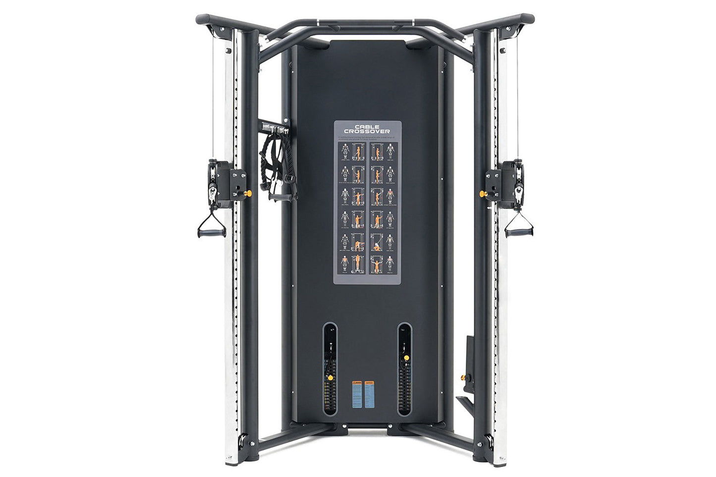 Warrior Elite commercial dual adjustable pulley machine with black frame, chrome uprights, cable crossover system, and exerci