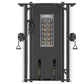 Warrior Elite commercial dual adjustable pulley machine with black frame, instruction chart, and independent weight stacks on