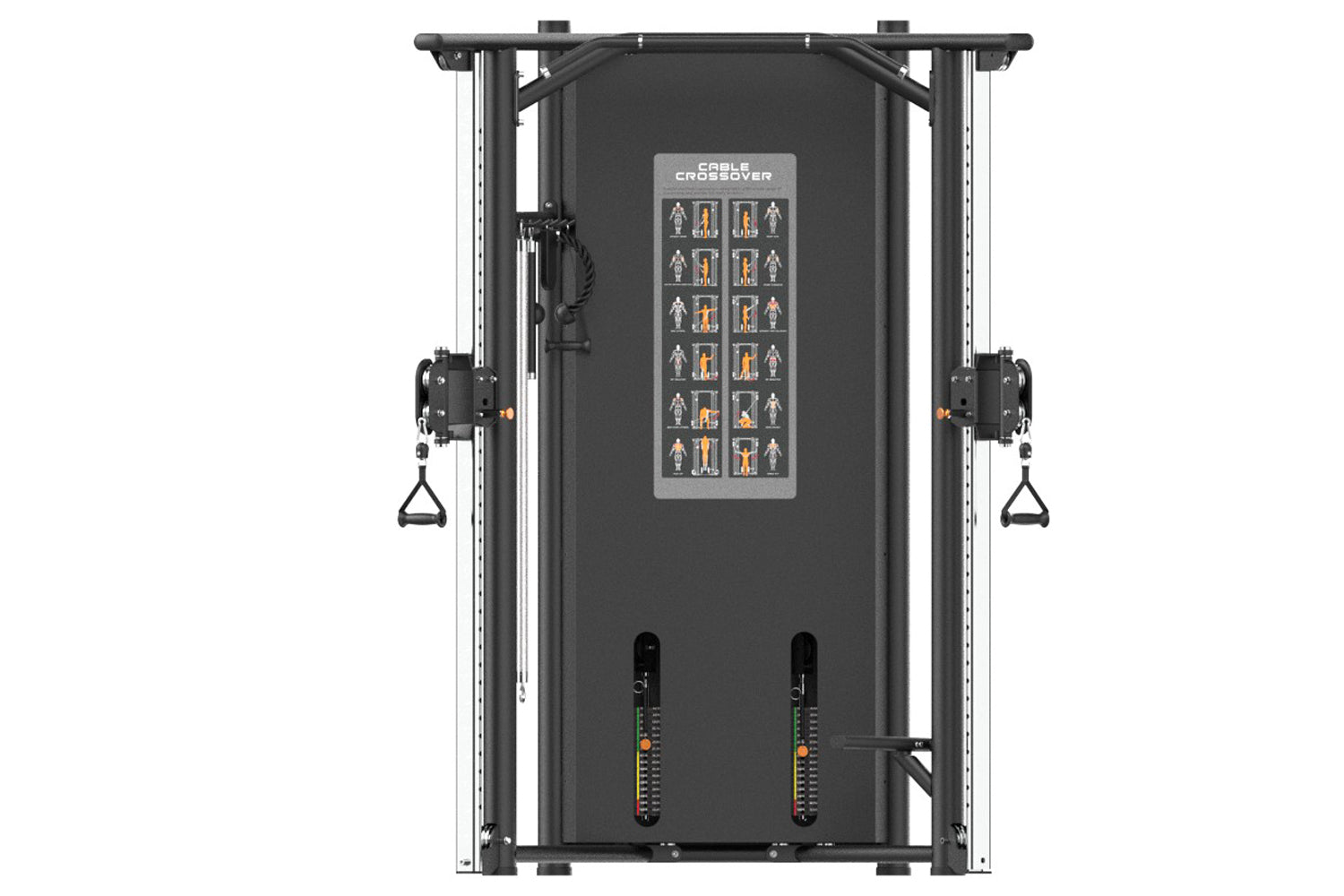 Warrior Elite commercial dual adjustable pulley machine with black frame, instruction chart, and independent weight stacks on