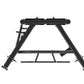 Black dual adjustable pulley machine with angled legs, horizontal bars, and metal frame on white background