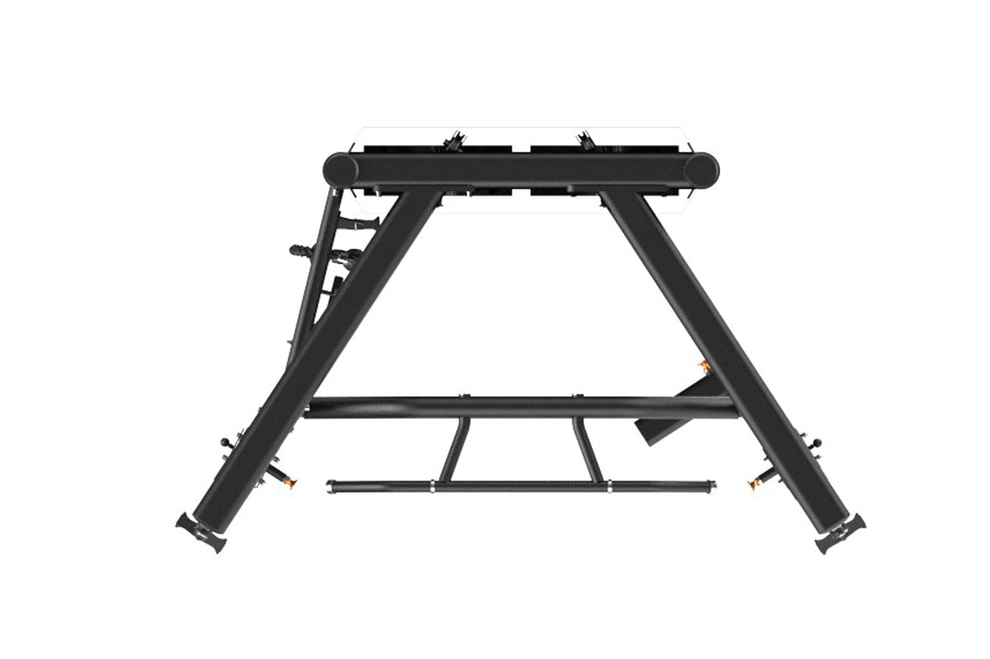 Black dual adjustable pulley machine with angled legs, horizontal bars, and metal frame on white background