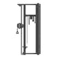 Black dual adjustable pulley machine with vertical frame, cable system, and hanging attachment handles on white background