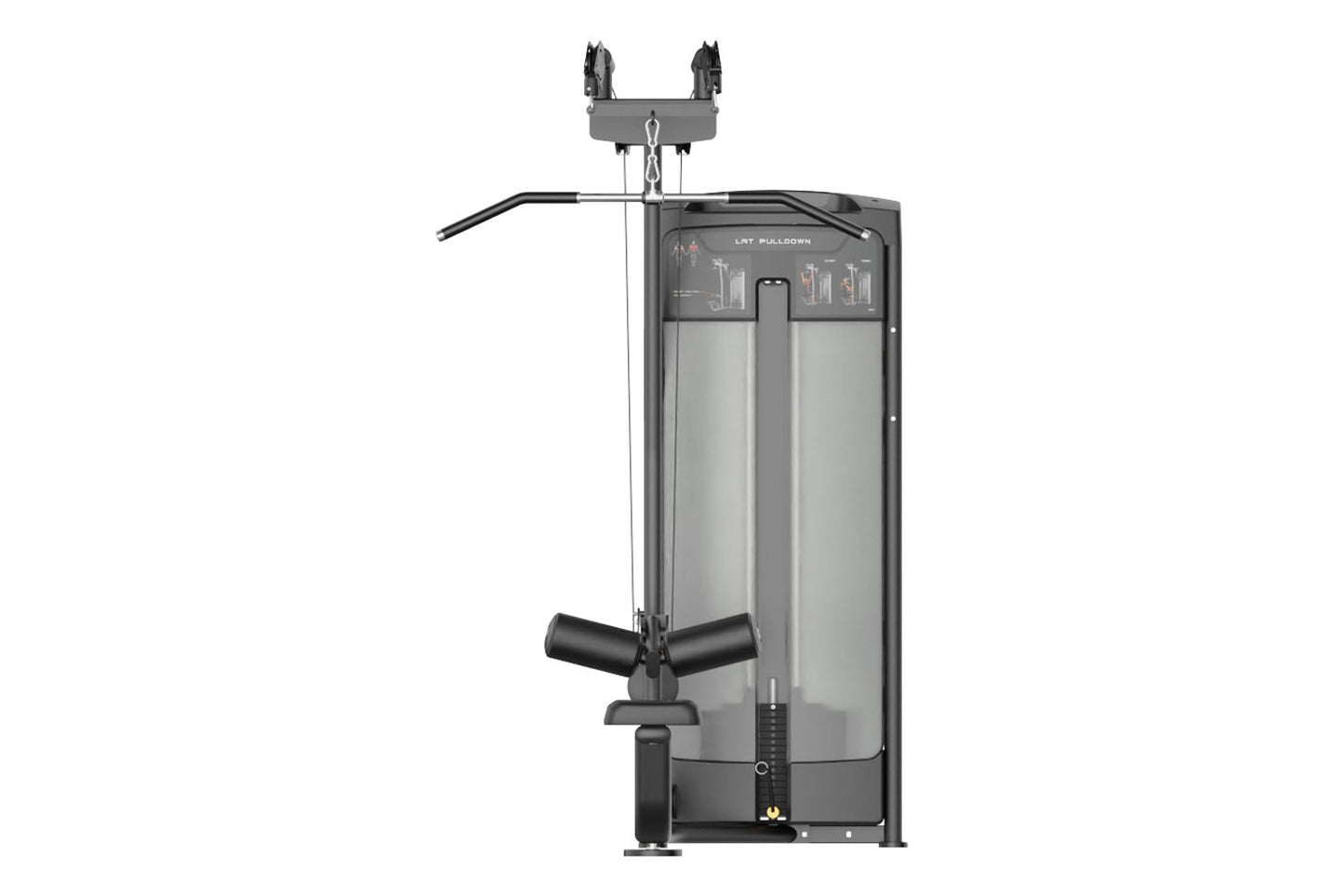 Warrior Elite Commercial Series Dual Pulley Lat Pulldown machine with gray steel frame and black handles on white background