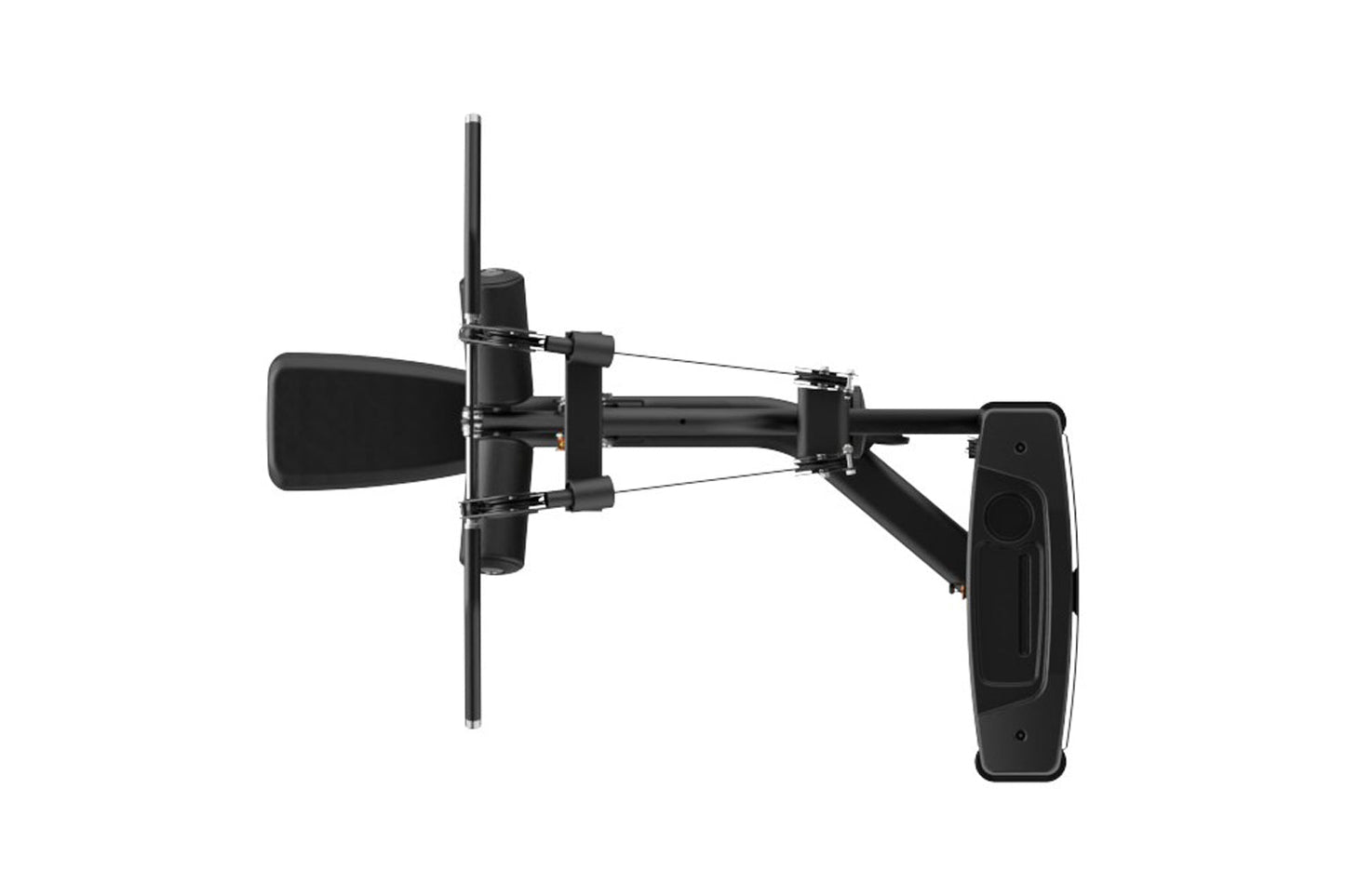 Black dual pulley lat pulldown machine with extended arm, footplate, and cable system on white background
