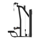 Black cable machine with dual pulley lat pulldown system, featuring adjustable seat and weight stack on white background