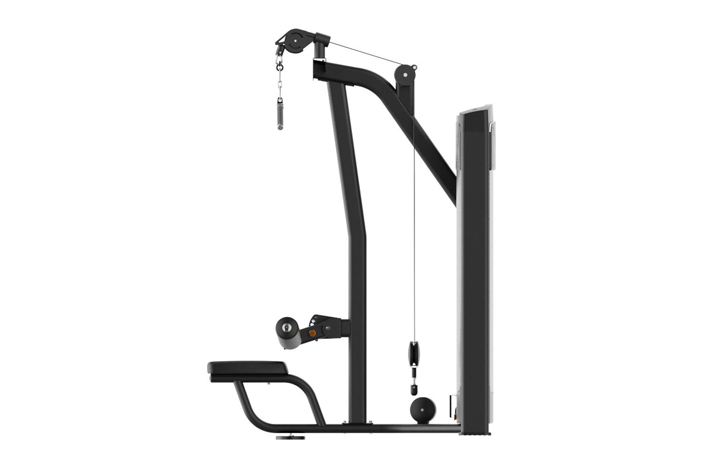 Black cable machine with dual pulley lat pulldown system, featuring adjustable seat and weight stack on white background