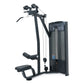 Black commercial lat pulldown machine with dual pulleys, handles, and weight stack on white background