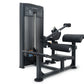 Black commercial hip thruster machine with padded seat, leg extension attachment, and instruction panel on tall frame, on whi