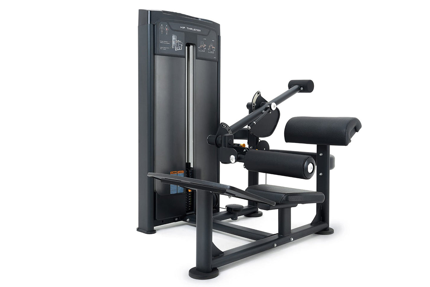 Black commercial hip thruster machine with padded seat, leg extension attachment, and instruction panel on tall frame, on whi