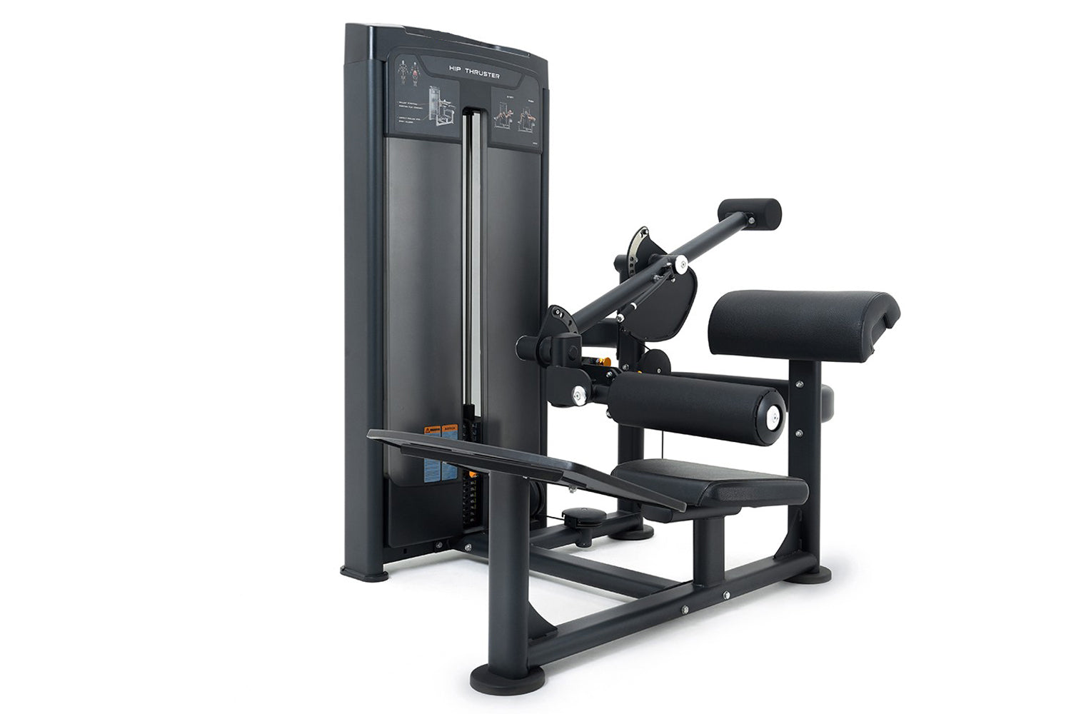 Black commercial hip thruster machine with padded seat, leg extension attachment, and instruction panel on tall frame, on whi