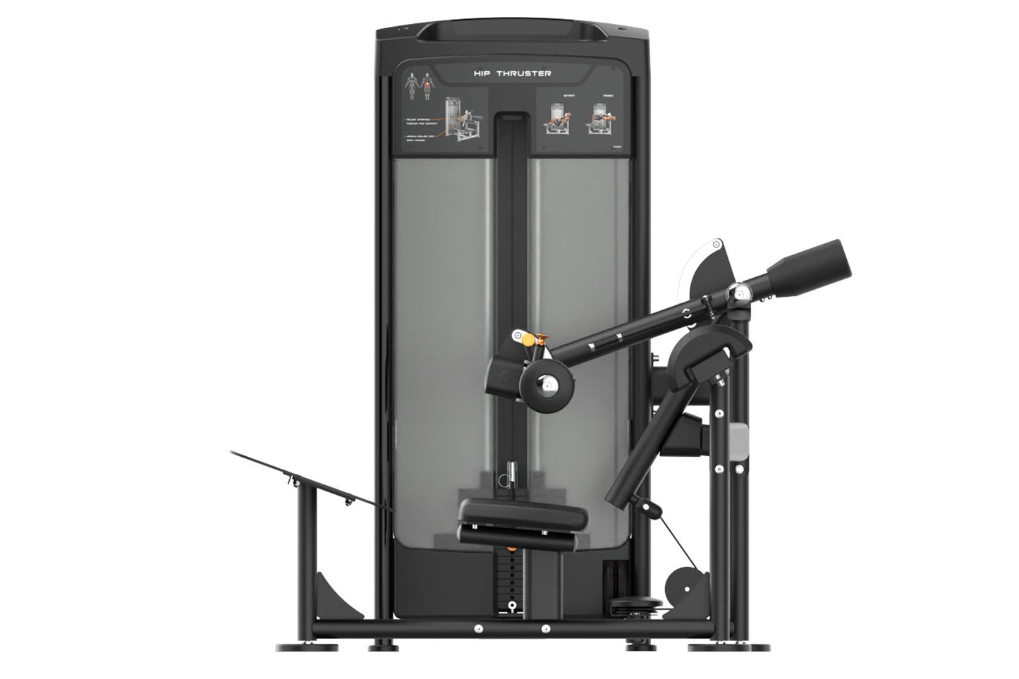 Black and gray Hip Thruster exercise machine with padded seat, adjustable arm handles, and instruction panel on white backgro