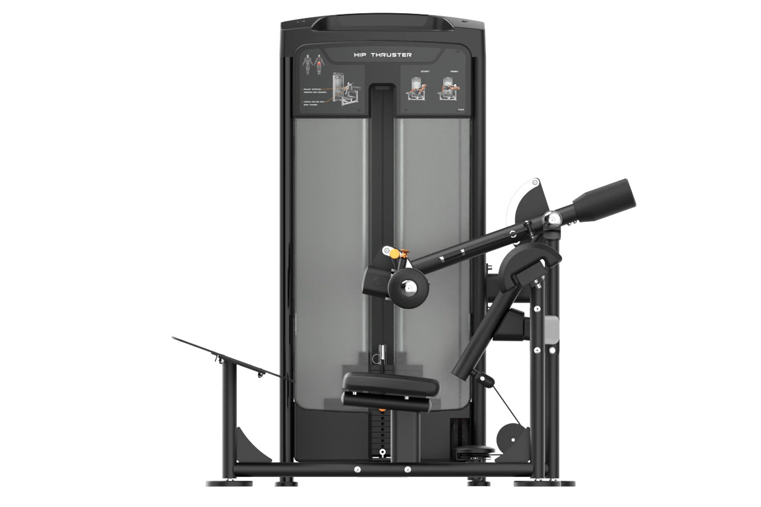Black and gray Hip Thruster exercise machine with padded seat, adjustable arm handles, and instruction panel on white backgro