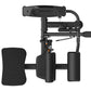 Black commercial hip thruster with textured footplate, dual weight storage pegs, phone holder, and padded backrest on white b