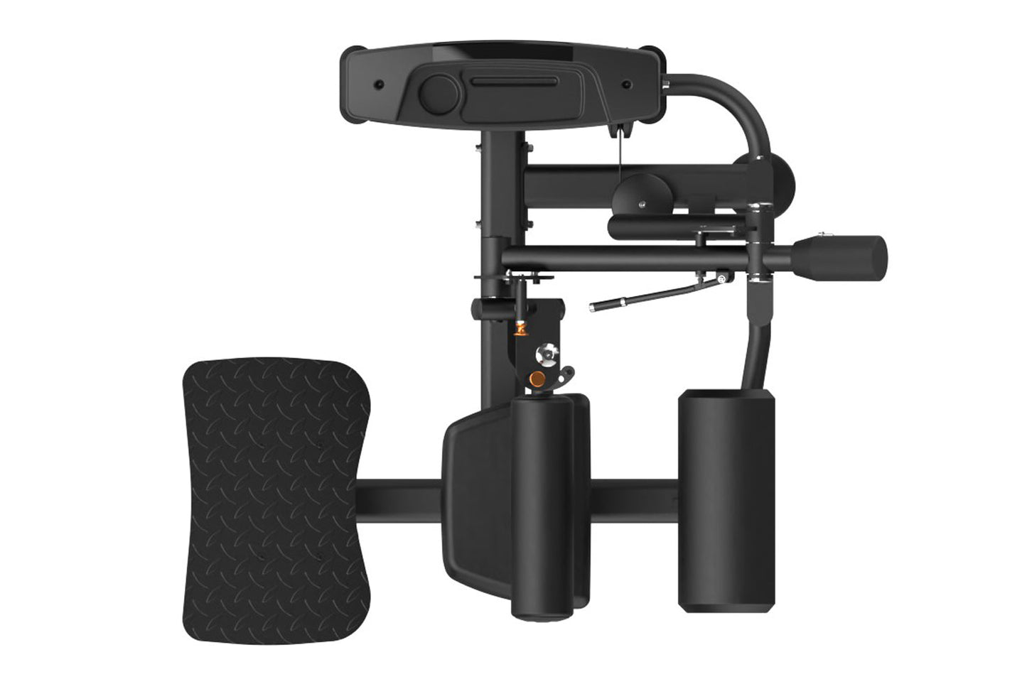 Black commercial hip thruster with textured footplate, dual weight storage pegs, phone holder, and padded backrest on white b