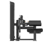Black commercial hip thruster machine with vertical plate load system, cylindrical roller pad, and adjustable seat on white b