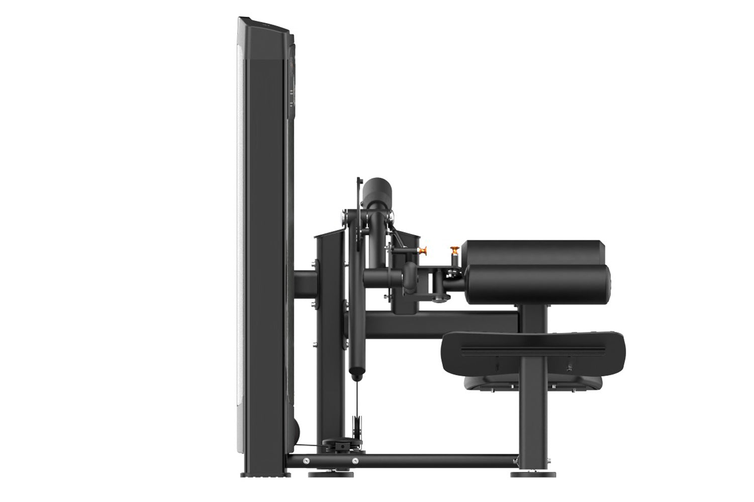Black commercial hip thruster machine with vertical plate load system, cylindrical roller pad, and adjustable seat on white b