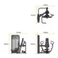 Black commercial gym equipment with dimension measurements displayed, including chest press machine and abdominal machine sho