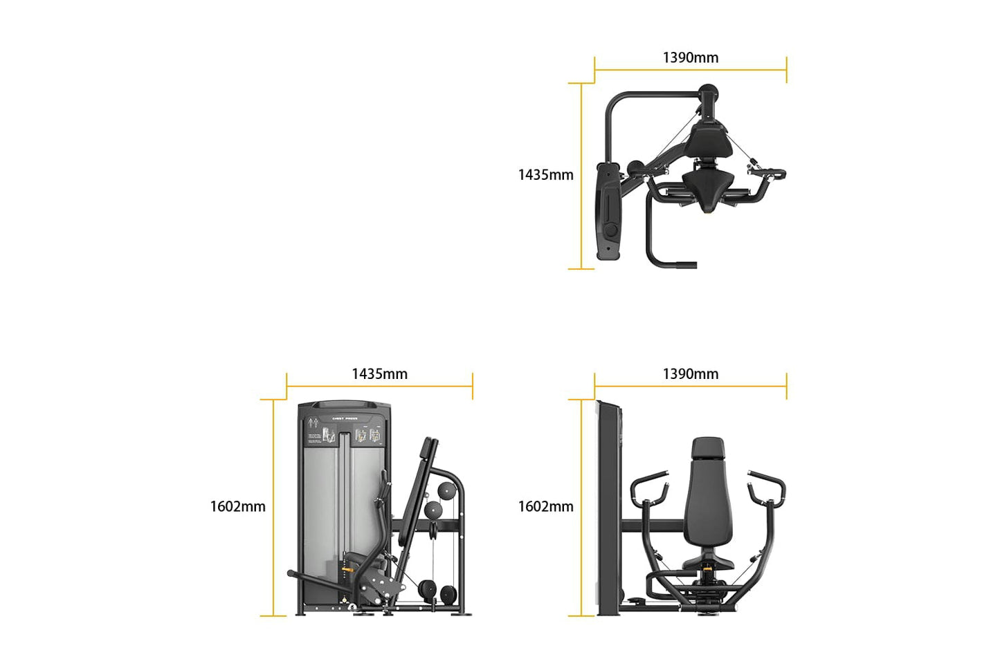 Black commercial gym equipment with dimension measurements displayed, including chest press machine and abdominal machine sho