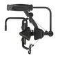 Black commercial iso-lateral chest press machine with padded arms, metal frame, and digital display control panel on white ba