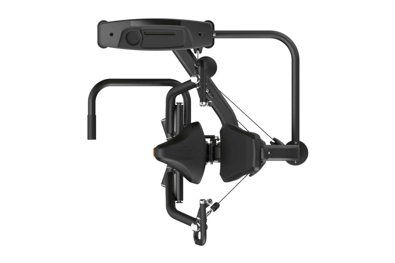 Black commercial iso-lateral chest press machine with padded arms, metal frame, and digital display control panel on white ba