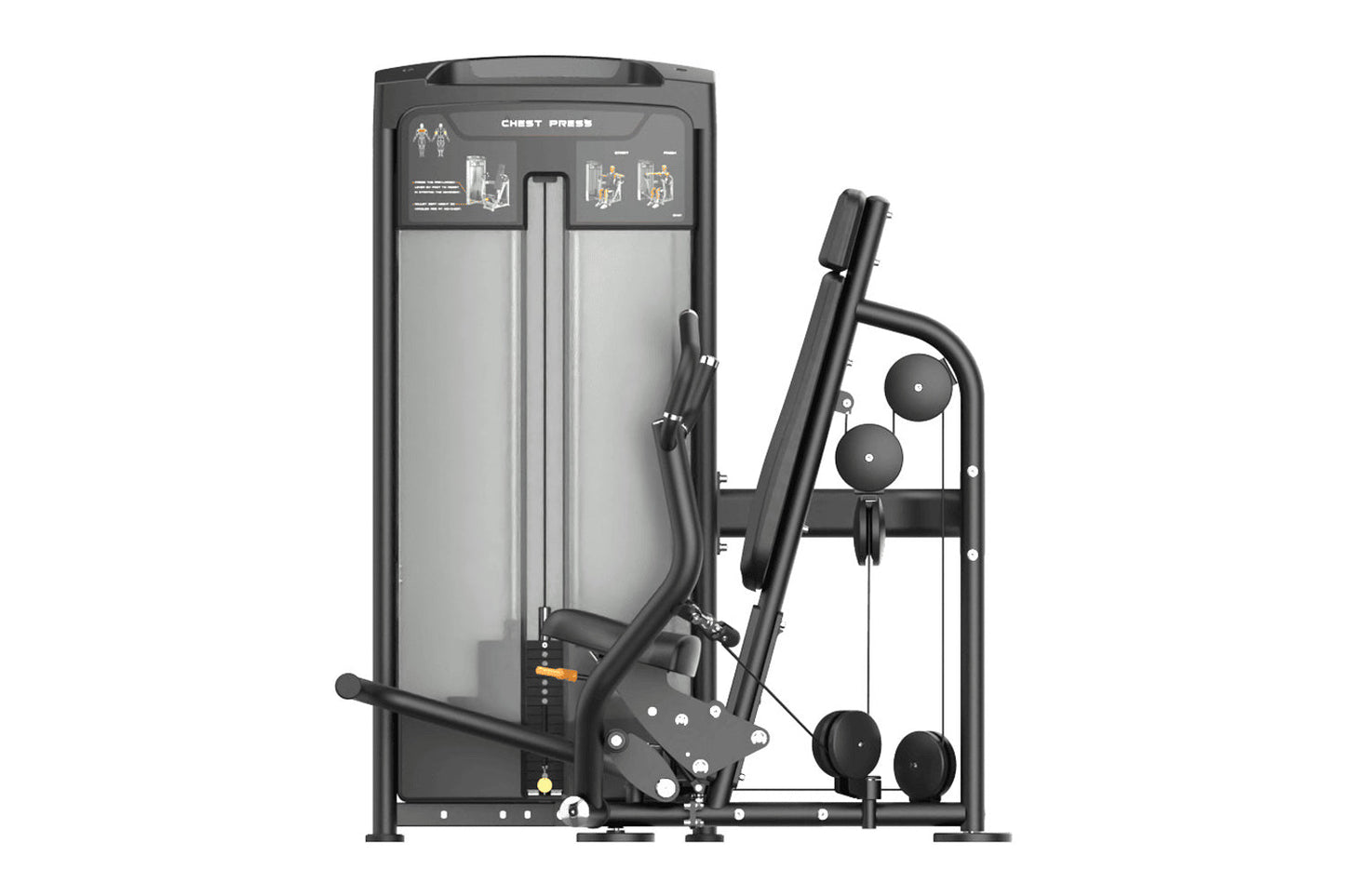 Warrior Elite Commercial Series Iso-lateral Chest Press machine with black frame, dual grey press plates, and instruction dia