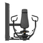 Black commercial iso-lateral chest press machine with padded backrest, dual handles, and vertical weight stack on white backg