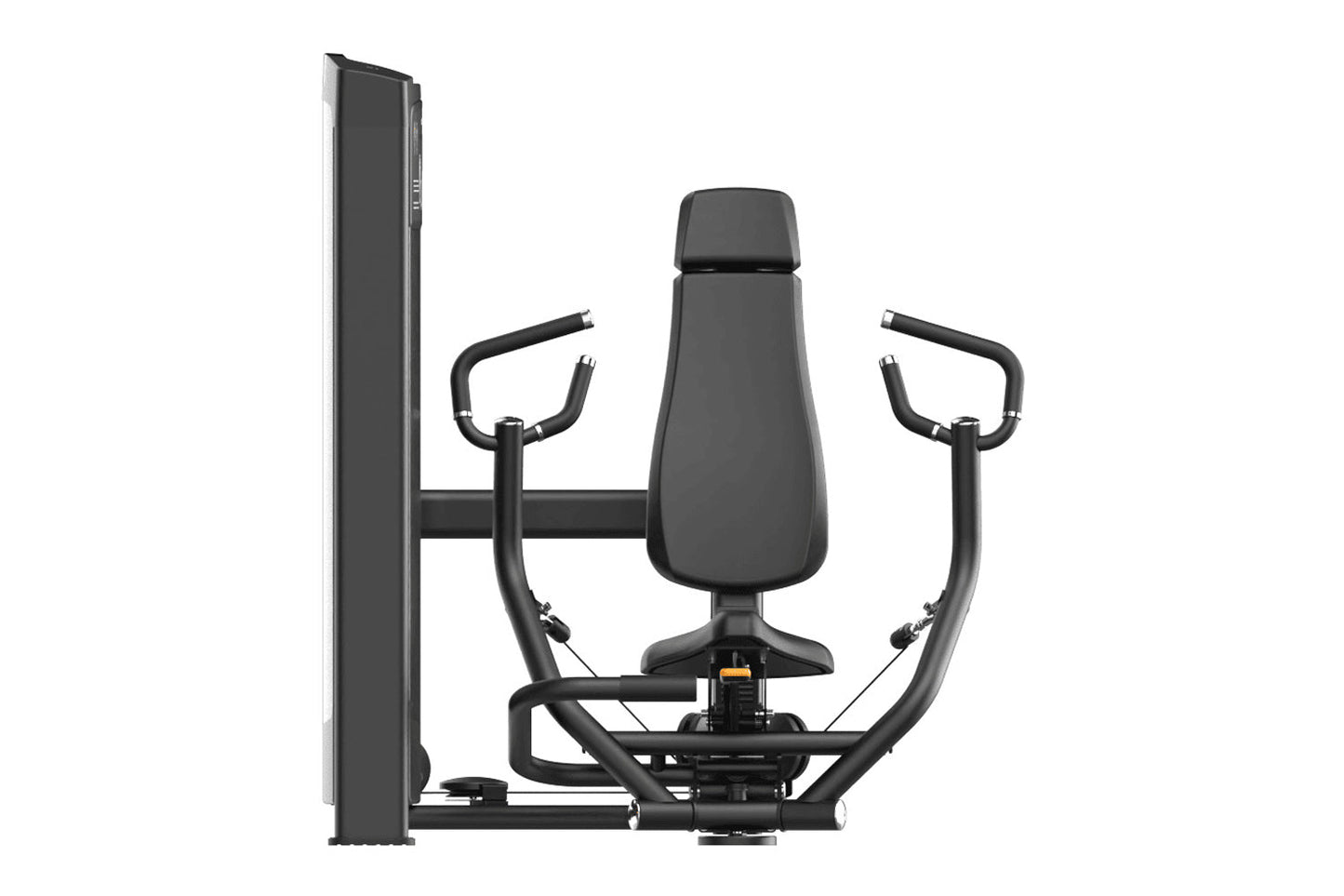 Black commercial iso-lateral chest press machine with padded backrest, dual handles, and vertical weight stack on white backg