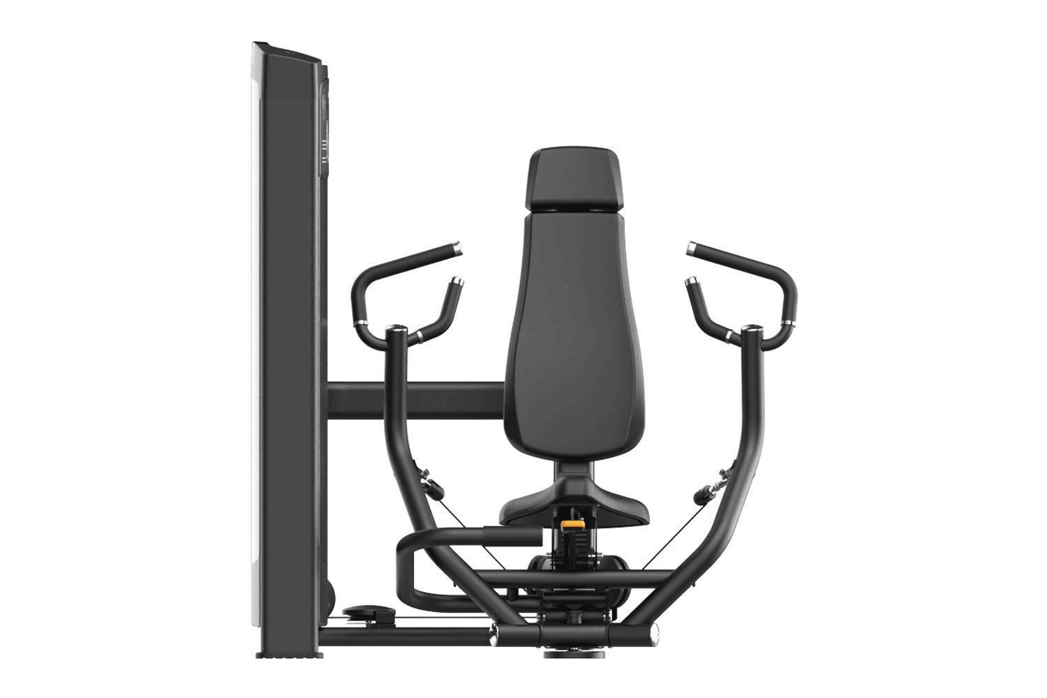 Black commercial iso-lateral chest press machine with padded backrest, dual handles, and vertical weight stack on white backg