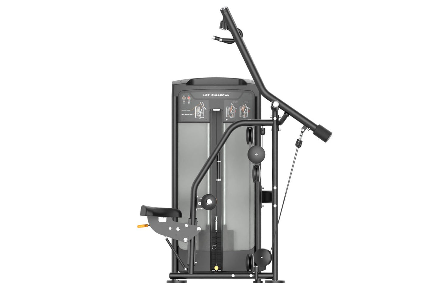 Warrior Elite Commercial Series Iso-Lateral Lat Pulldown machine with black frame, gray panels, and instruction decals on whi