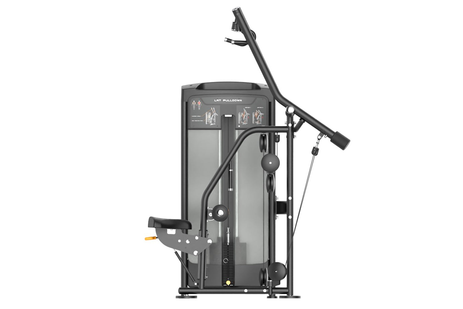 Warrior Elite Commercial Series Iso-Lateral Lat Pulldown machine with black frame, gray panels, and instruction decals on whi